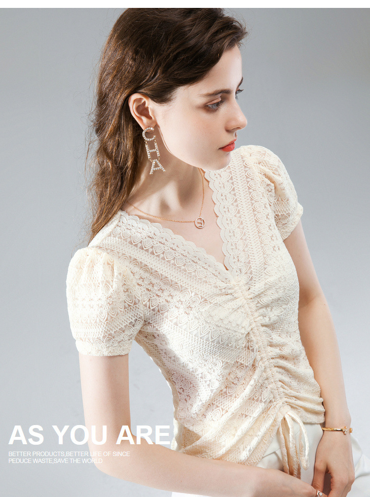 women with wavy edge and Vneck lace shirt for women with summer 2020 blouse with pleated drawstring and bubble sleeve