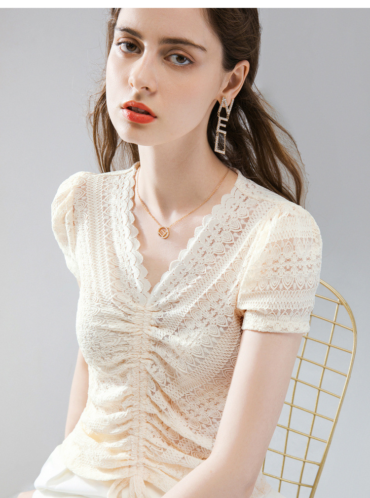 women with wavy edge and Vneck lace shirt for women with summer 2020 blouse with pleated drawstring and bubble sleeve