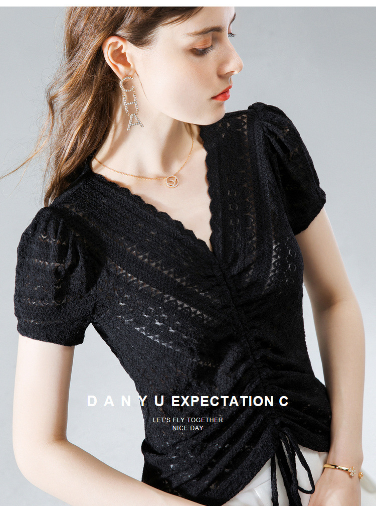 women with wavy edge and Vneck lace shirt for women with summer 2020 blouse with pleated drawstring and bubble sleeve