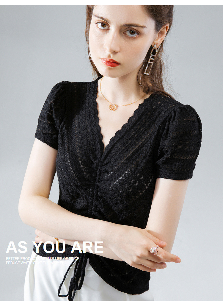 women with wavy edge and Vneck lace shirt for women with summer 2020 blouse with pleated drawstring and bubble sleeve