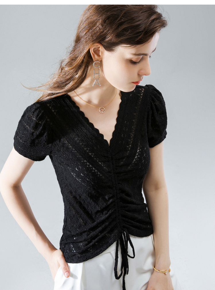 women with wavy edge and Vneck lace shirt for women with summer 2020 blouse with pleated drawstring and bubble sleeve