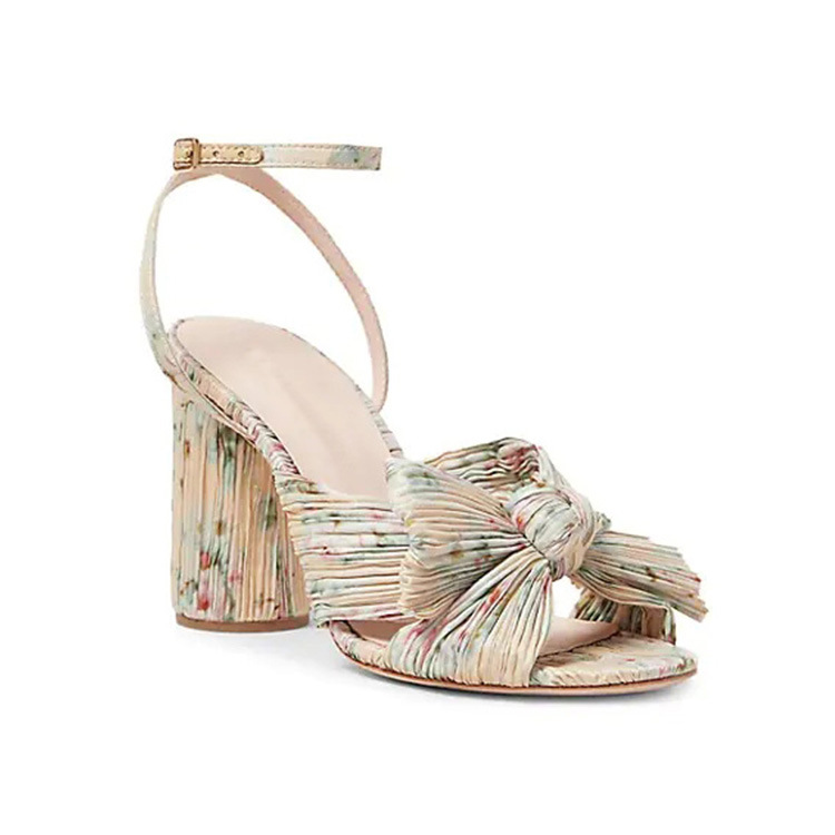 2021 French Foreign Trade Cross-Border New Arrival European and American Fashion Sandals Thick Heel Bowknot Fairy Silk Sandals Retro Fairy Shoes