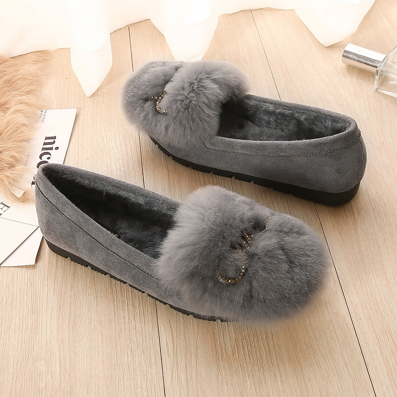 2022 Autumn and Winter New Rabbit Fur Suede Fluffy Shoes Women&#039;s Bowknot Peas Shoes Soft Soled Velvet Warm Maternity Shoes