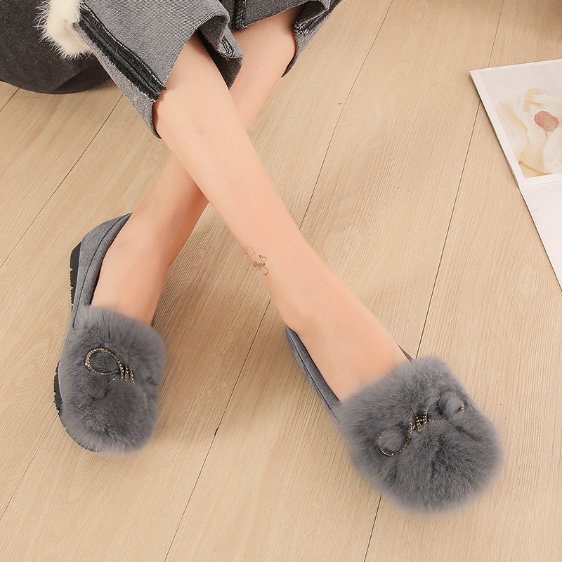 2022 Autumn and Winter New Rabbit Fur Suede Fluffy Shoes Women&#039;s Bowknot Peas Shoes Soft Soled Velvet Warm Maternity Shoes