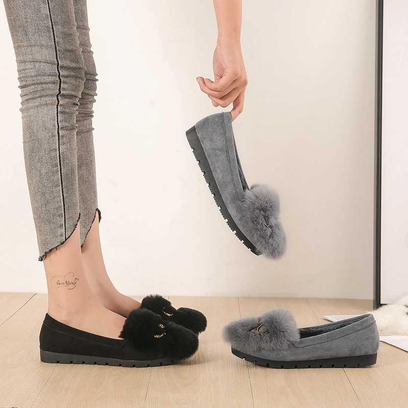 2022 Autumn and Winter New Rabbit Fur Suede Fluffy Shoes Women&#039;s Bowknot Peas Shoes Soft Soled Velvet Warm Maternity Shoes