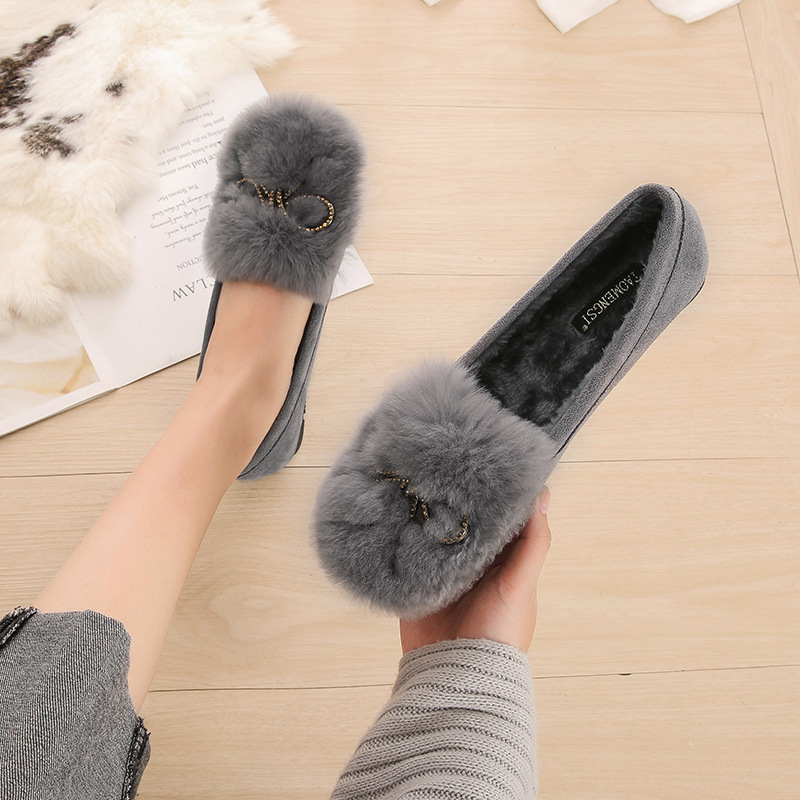 2022 Autumn and Winter New Rabbit Fur Suede Fluffy Shoes Women&#039;s Bowknot Peas Shoes Soft Soled Velvet Warm Maternity Shoes