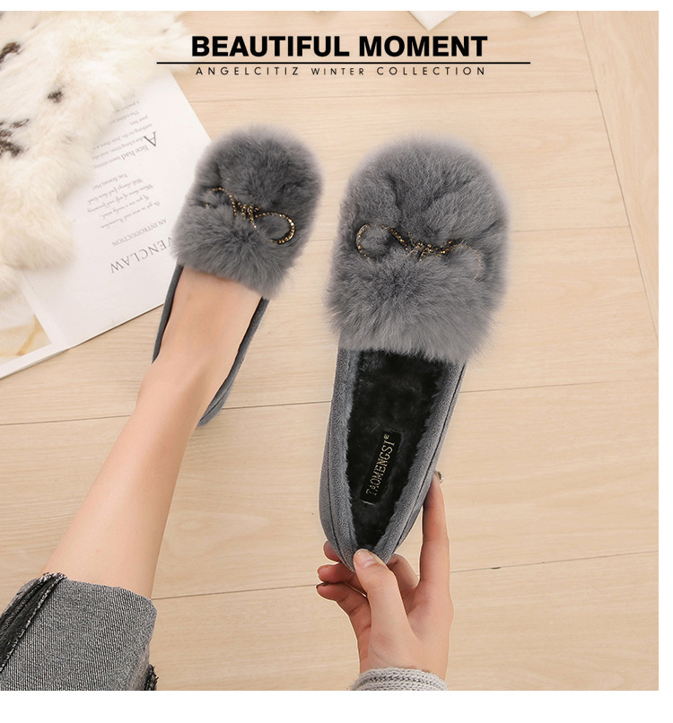 2022 Autumn and Winter New Rabbit Fur Suede Fluffy Shoes Women's Bowknot Peas Shoes Soft Soled Velvet Warm Maternity Shoes 2022 Autumn and Winter New Rabbit Fur Suede Fluffy Shoes Women's Bowknot Peas Shoes Soft Soled Velvet Warm Maternity Shoes