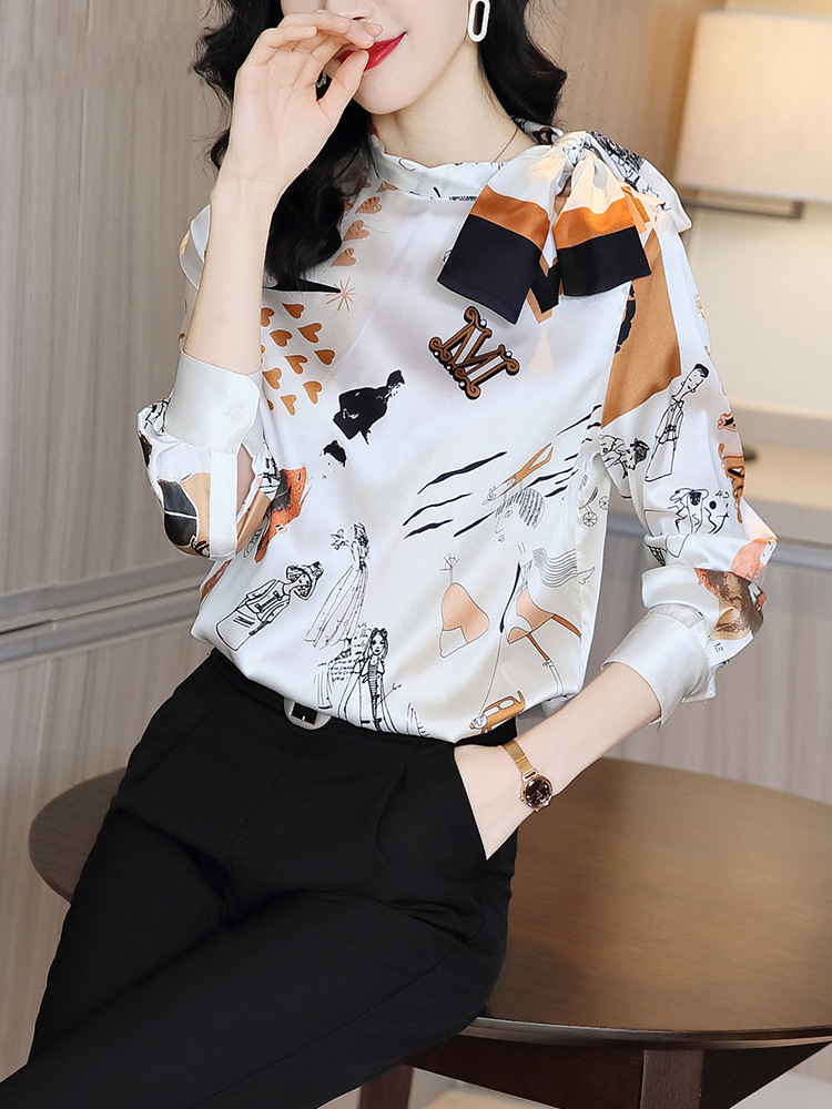 Autumn 2020 new heavy silk blouse with long sleeve bowknot printed silk satin thick silk blouse
