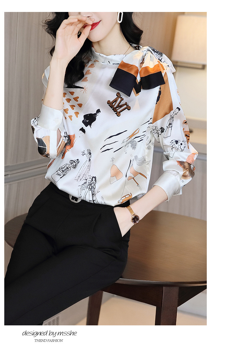 Autumn 2020 new heavy silk blouse with long sleeve bowknot printed silk satin thick silk blouse Autumn 2020 new heavy silk blouse with long sleeve bowknot printed silk satin thick silk blouse