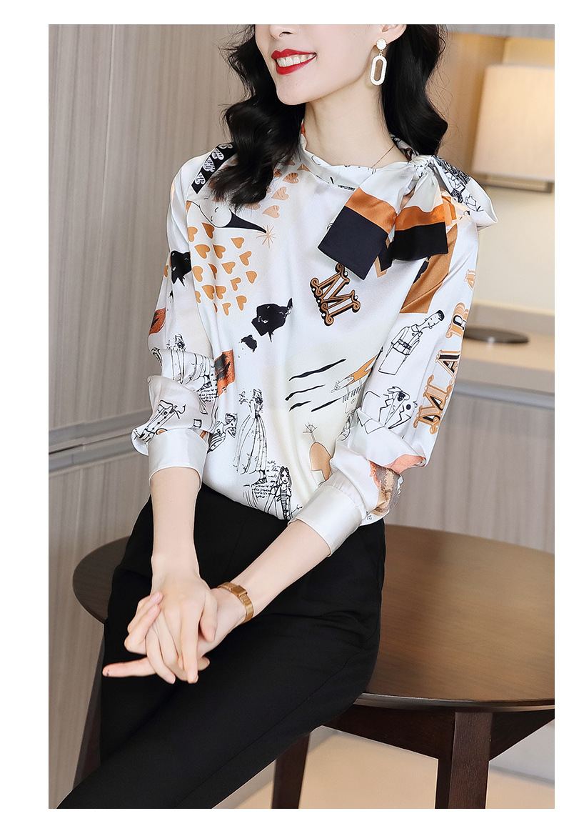 Autumn 2020 new heavy silk blouse with long sleeve bowknot printed silk satin thick silk blouse Autumn 2020 new heavy silk blouse with long sleeve bowknot printed silk satin thick silk blouse