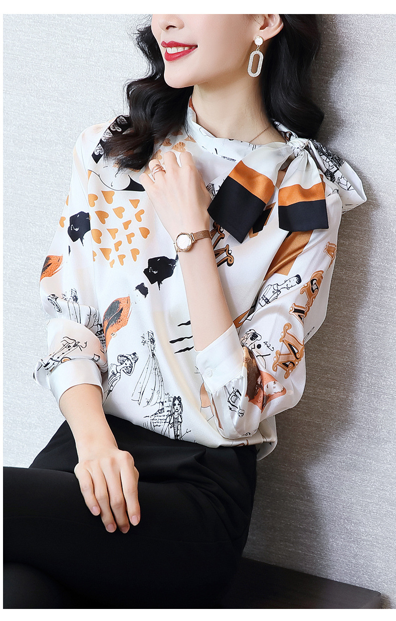 Autumn 2020 new heavy silk blouse with long sleeve bowknot printed silk satin thick silk blouse Autumn 2020 new heavy silk blouse with long sleeve bowknot printed silk satin thick silk blouse