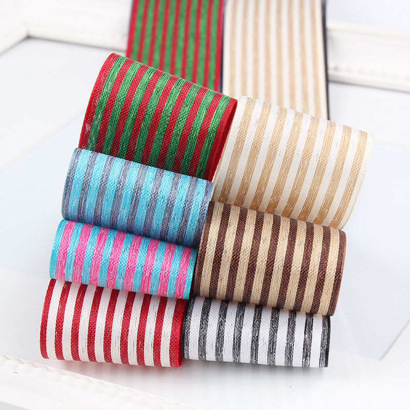 Factory in Stock Wholesale Korean Vertical Stripes Cotton Linen with Flowers Packaging Bowknot Printing Ribbon