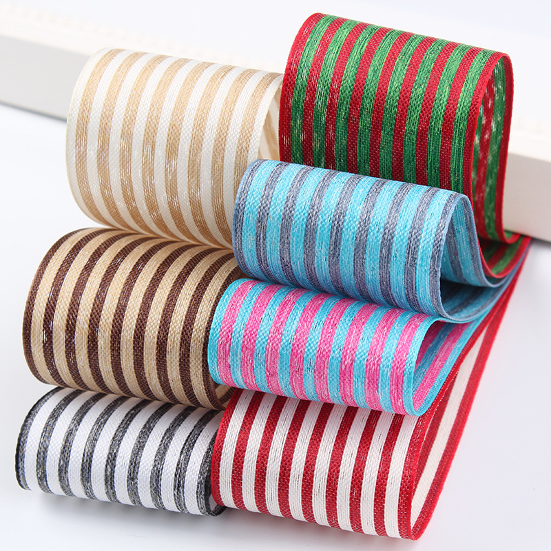 Factory in Stock Wholesale Korean Vertical Stripes Cotton Linen with Flowers Packaging Bowknot Printing Ribbon