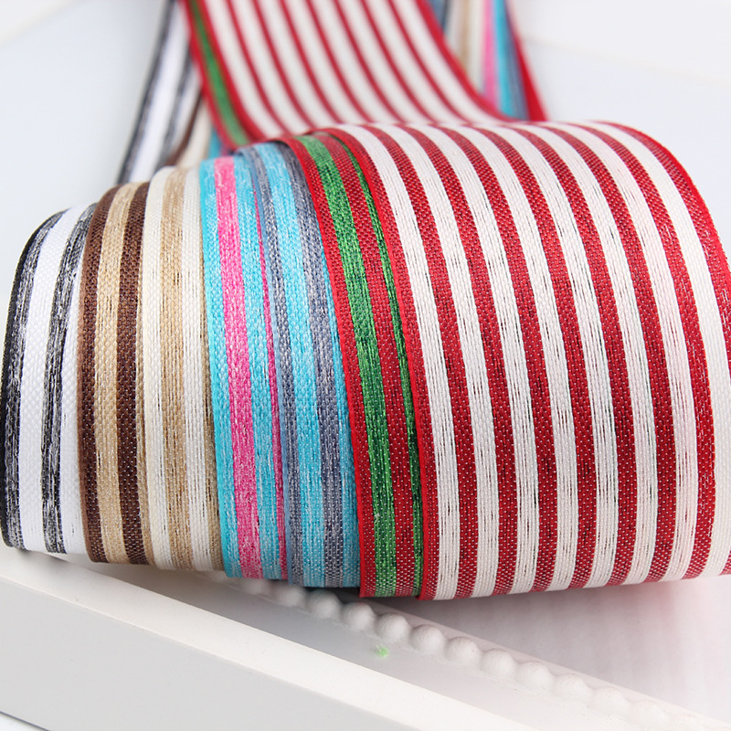 Factory in Stock Wholesale Korean Vertical Stripes Cotton Linen with Flowers Packaging Bowknot Printing Ribbon