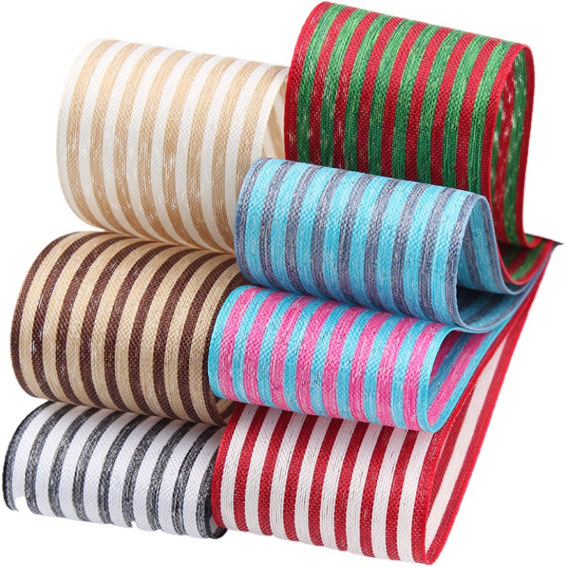 Factory in Stock Wholesale Korean Vertical Stripes Cotton Linen with Flowers Packaging Bowknot Printing Ribbon