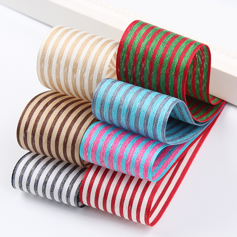 Factory in Stock Wholesale Korean Vertical Stripes Cotton Linen with Flowers Packaging Bowknot Printing Ribbon
