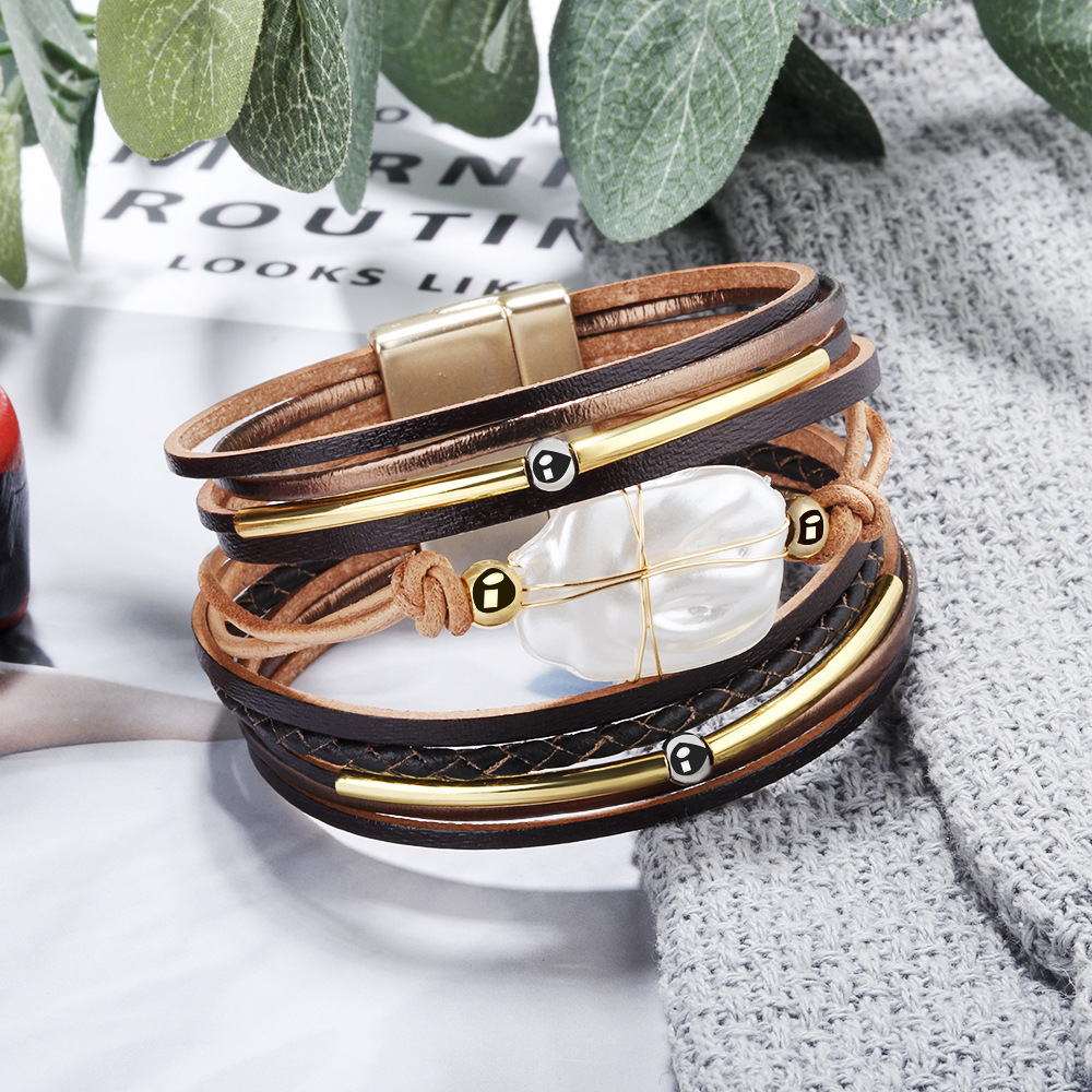 Cross-Border European and American Freshwater Baroque Pearl Bracelet Female Pu Material Magnetic Buckle Girlfriends Bracelet Handmade Ornament