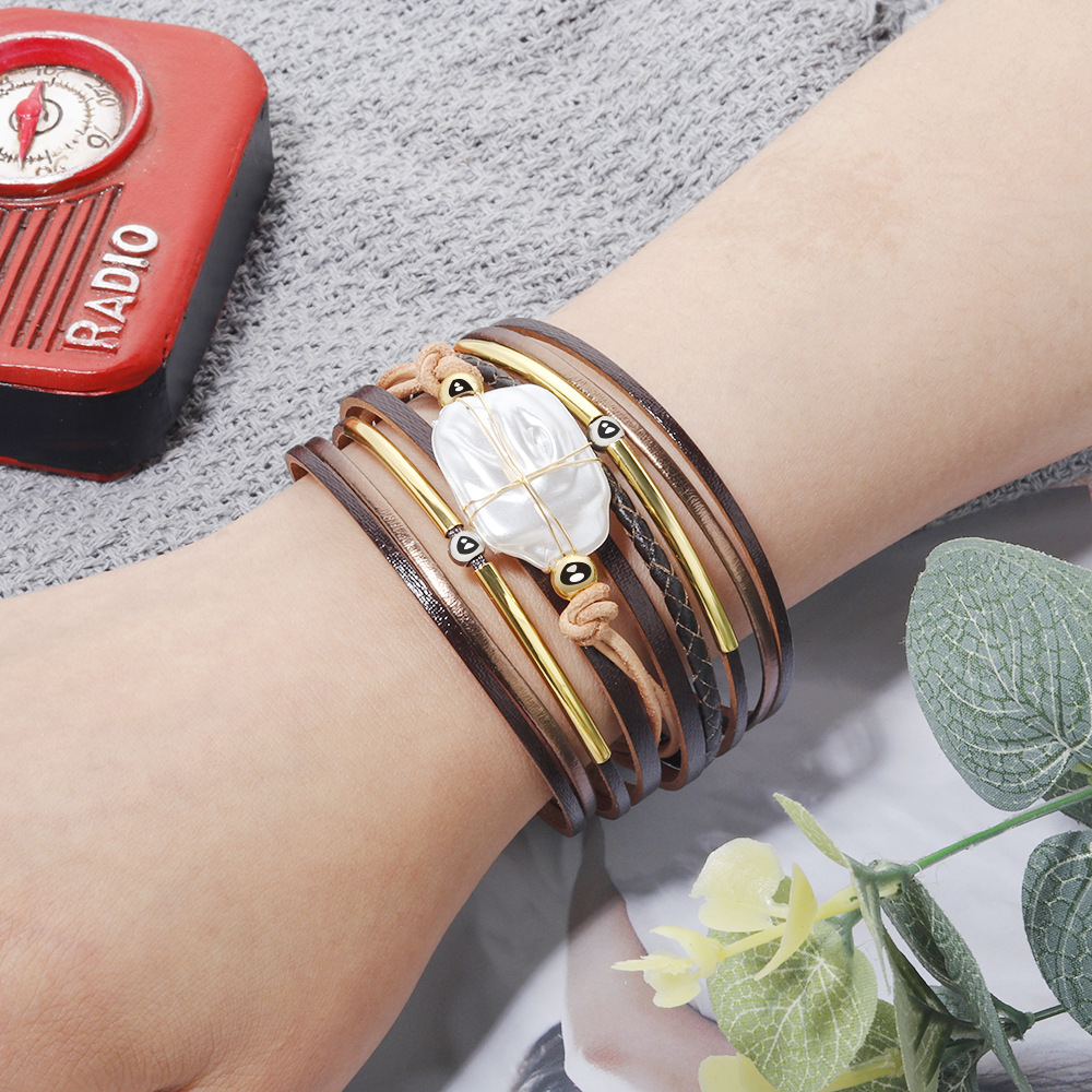 Cross-Border European and American Freshwater Baroque Pearl Bracelet Female Pu Material Magnetic Buckle Girlfriends Bracelet Handmade Ornament