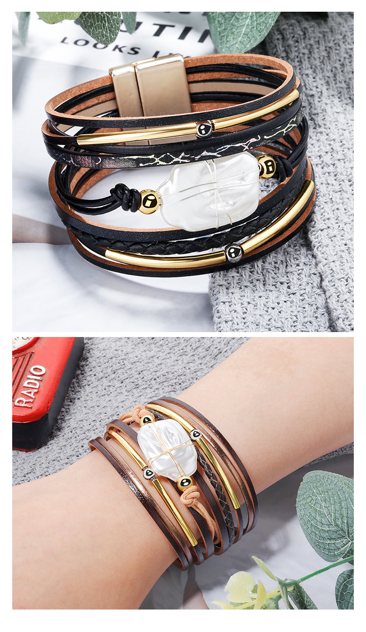 Cross-Border European and American Freshwater Baroque Pearl Bracelet Female Pu Material Magnetic Buckle Girlfriends Bracelet Handmade Ornament