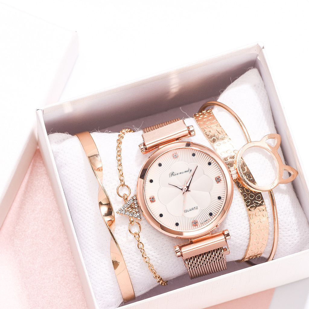 INS Cross-Border Watch Women&#039;s Magnetic Buckle Simple Casual Watch Flower Dial Alloy Mesh Quartz Watch