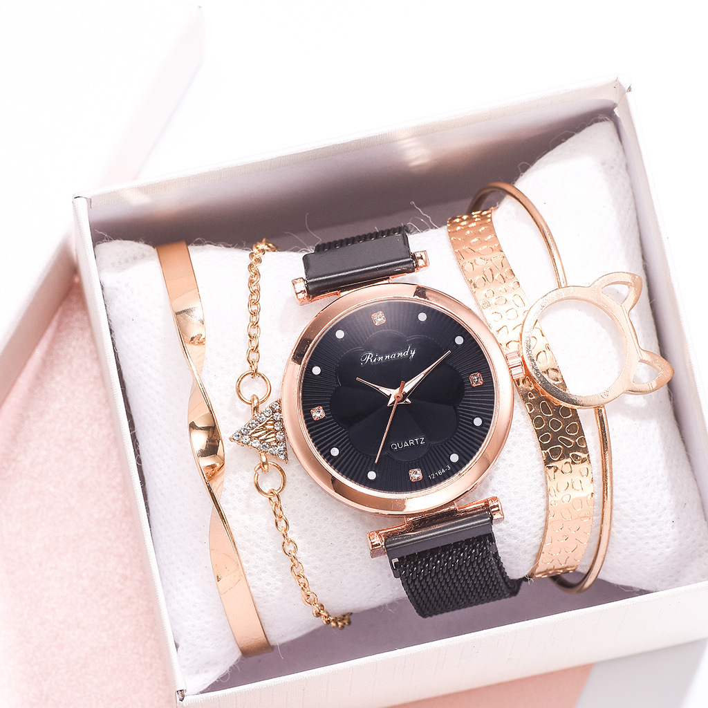 INS Cross-Border Watch Women's Magnetic Buckle Simple Casual Watch Flower Dial Alloy Mesh Quartz Watch