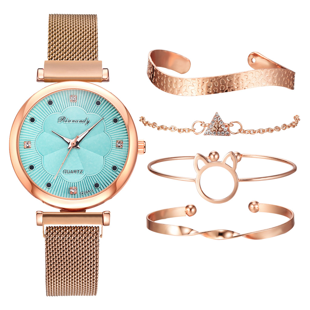 INS Cross-Border Watch Women's Magnetic Buckle Simple Casual Watch Flower Dial Alloy Mesh Quartz Watch