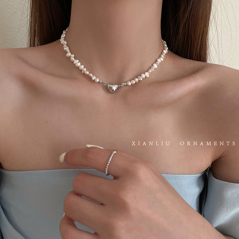 Special-Shaped Freshwater Baroque Pearl Necklace Women's All-Match Love Magnetic Buckle Design Sense Clavicle Chain Accessories