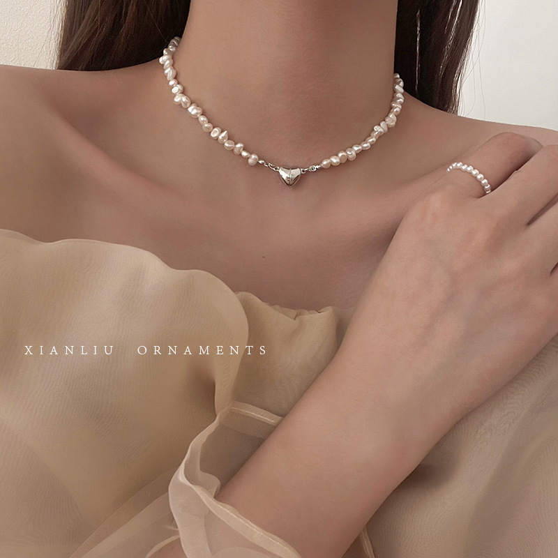Special-Shaped Freshwater Baroque Pearl Necklace Women's All-Match Love Magnetic Buckle Design Sense Clavicle Chain Accessories
