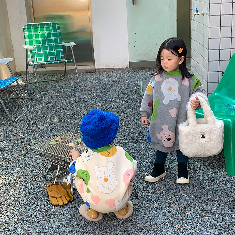 Child Bear Sweatshirt Skirt New Winter Clothes Korean Style Girls&#039; Fleece-Lined Thickened Half-High Collar Long Sweater