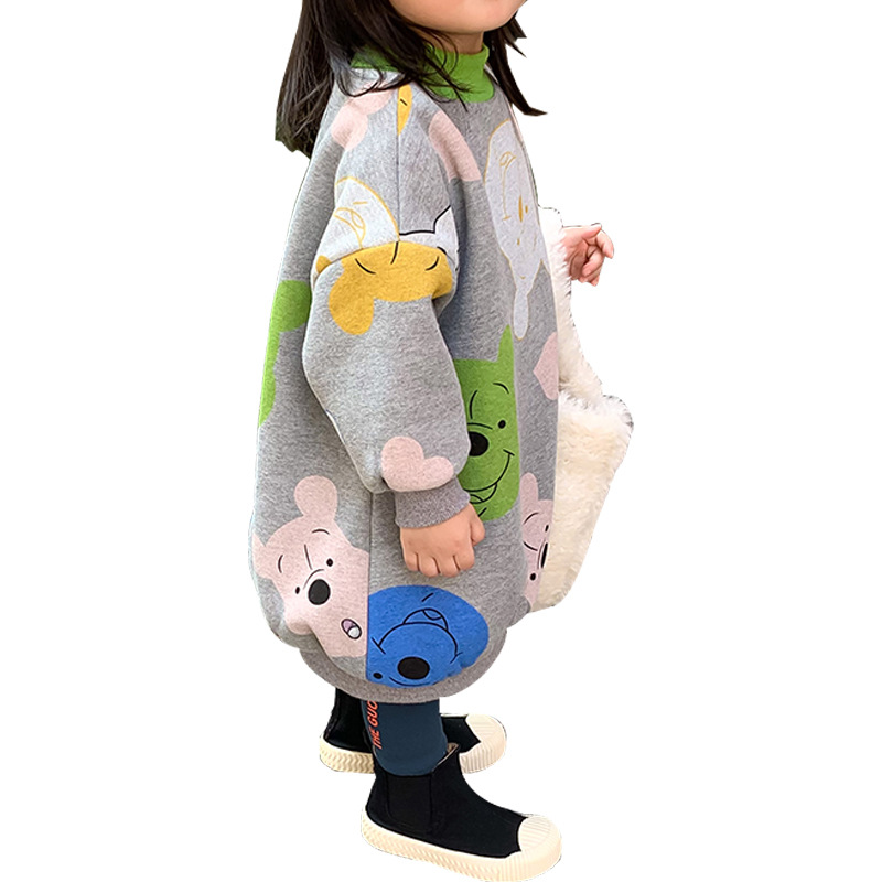 Child Bear Sweatshirt Skirt New Winter Clothes Korean Style Girls&#039; Fleece-Lined Thickened Half-High Collar Long Sweater