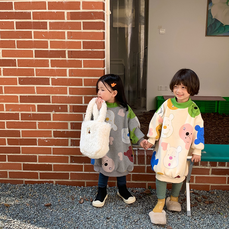 Child Bear Sweatshirt Skirt New Winter Clothes Korean Style Girls' Fleece-Lined Thickened Half-High Collar Long Sweater