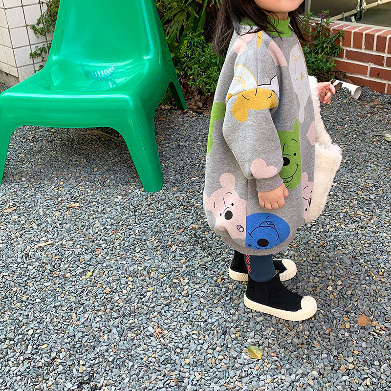 Child Bear Sweatshirt Skirt New Winter Clothes Korean Style Girls' Fleece-Lined Thickened Half-High Collar Long Sweater