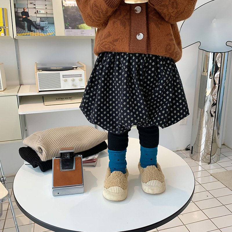Girls&#039; False-Two-Piece Skirted Leggings Fleece-Lined Thickened Children&#039;s Clothing Winter New Korean Style Children&#039;s Floral Bud Skirt Pants Base
