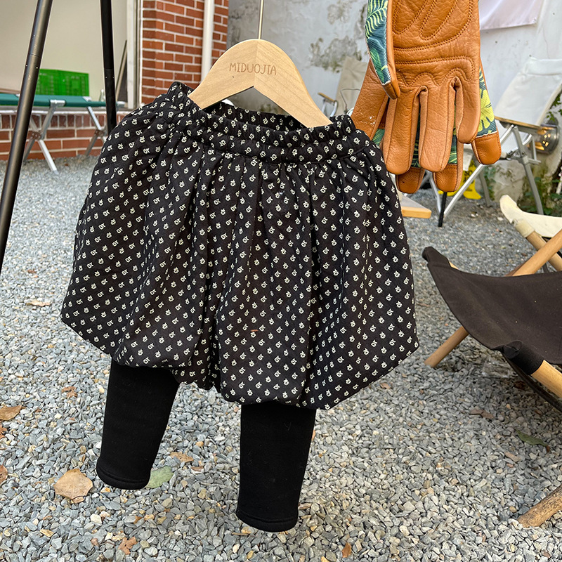 Girls' False-Two-Piece Skirted Leggings Fleece-Lined Thickened Children's Clothing Winter New Korean Style Children's Floral Bud Skirt Pants Base