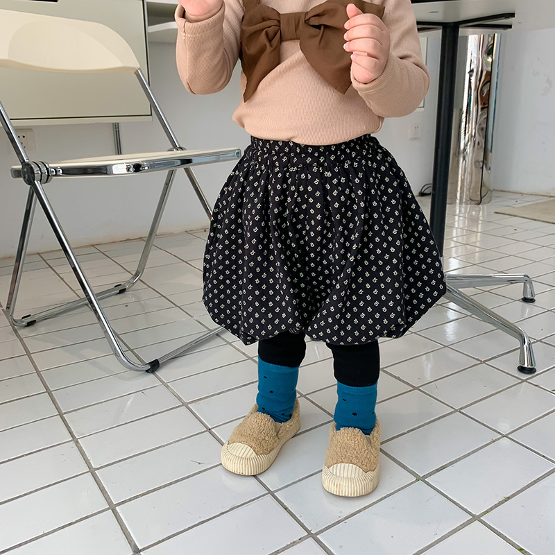 Girls' False-Two-Piece Skirted Leggings Fleece-Lined Thickened Children's Clothing Winter New Korean Style Children's Floral Bud Skirt Pants Base