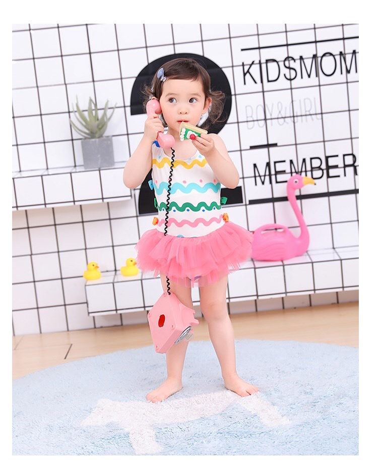 New Girls Swimwear Children&#039;s One-Piece Skirt Swimsuit Wave Print Tulle Skirt Cute Baby Swimsuit