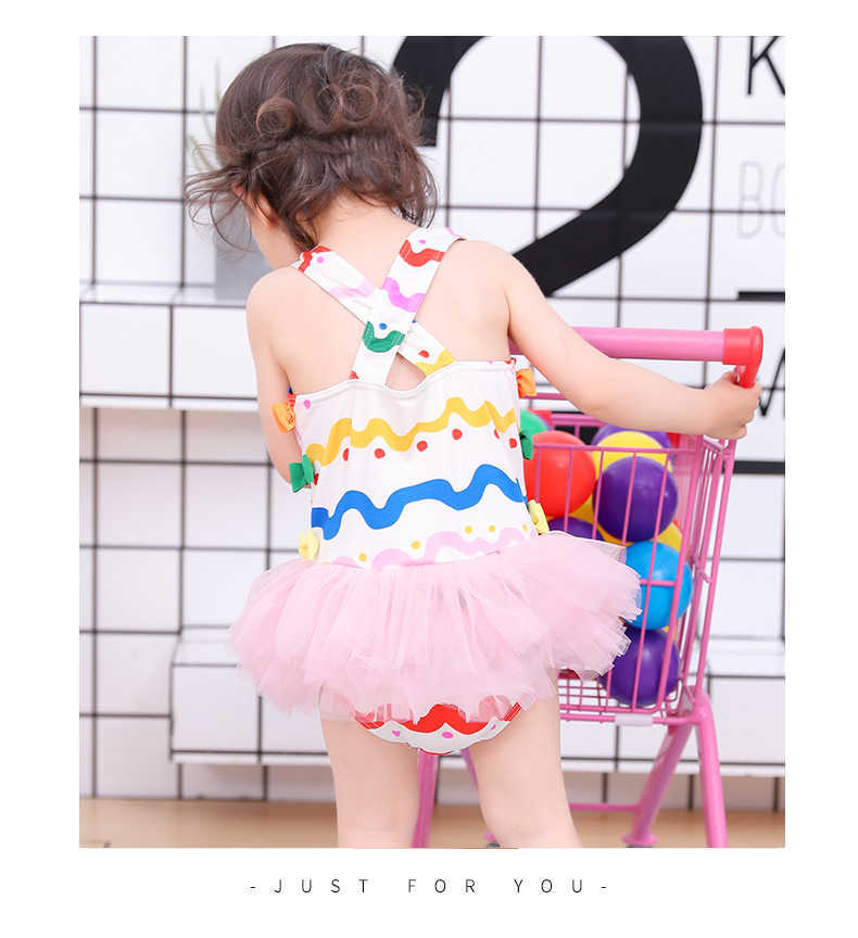New Girls Swimwear Children&#039;s One-Piece Skirt Swimsuit Wave Print Tulle Skirt Cute Baby Swimsuit