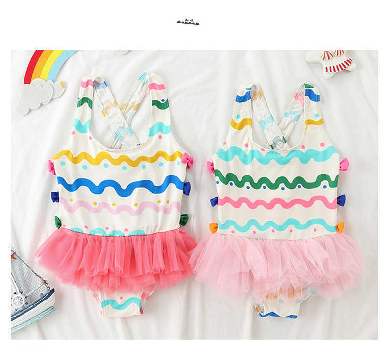 New Girls Swimwear Children's One-Piece Skirt Swimsuit Wave Print Tulle Skirt Cute Baby Swimsuit