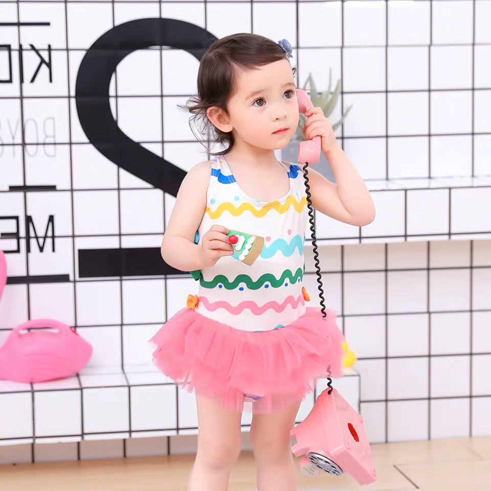 New Girls Swimwear Children's One-Piece Skirt Swimsuit Wave Print Tulle Skirt Cute Baby Swimsuit