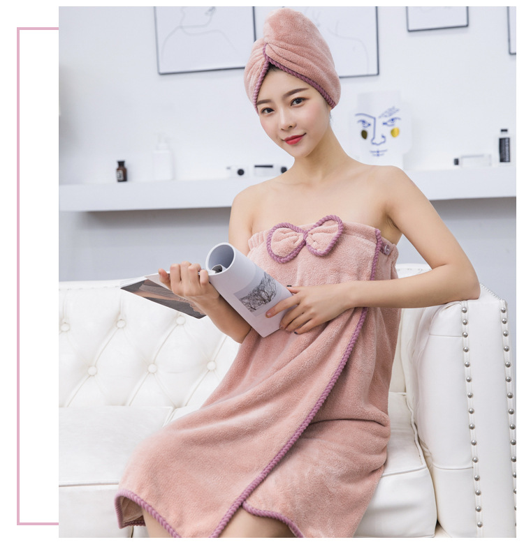 Thickened coral fluff can be worn with bath skirt dry hair cap suit for adult with bowknot bath skirt cap suit