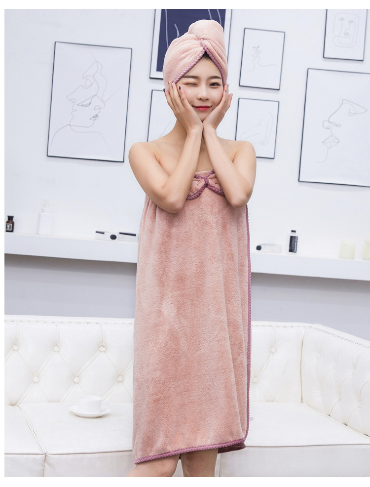 Thickened coral fluff can be worn with bath skirt dry hair cap suit for adult with bowknot bath skirt cap suit