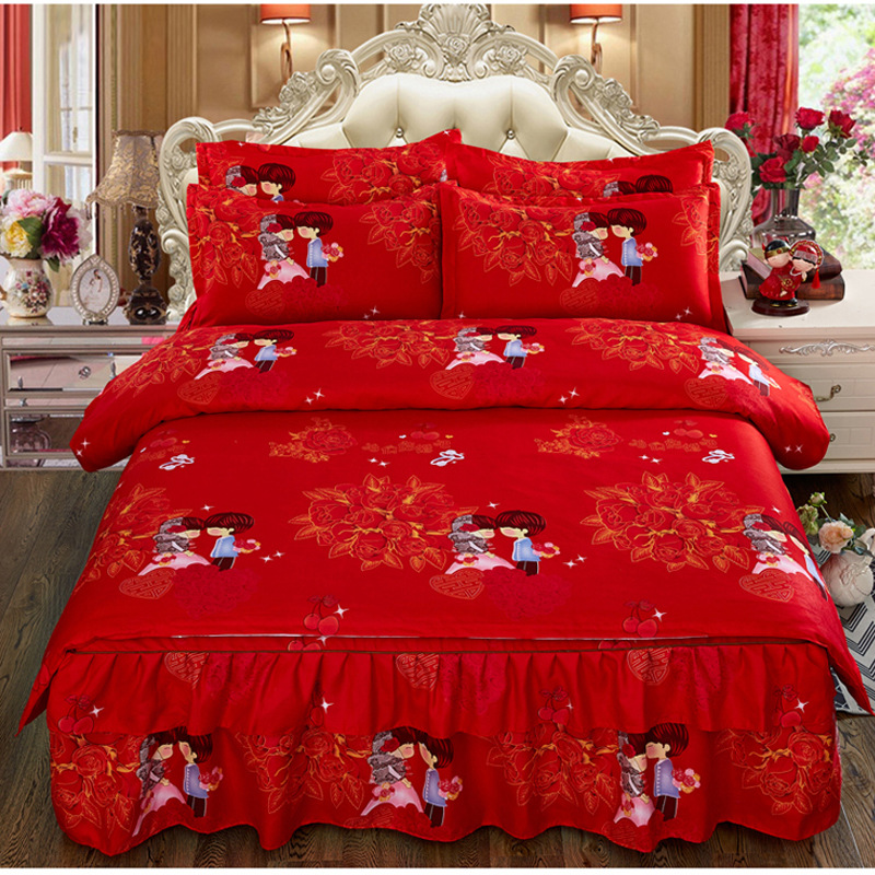 Autumn and Winter Thickening Brushed Double Layer Four-Piece of Bed Skirt Wedding Four-Piece Bed Skirt Quilt Cover Pillowcase Bedding Wholesale