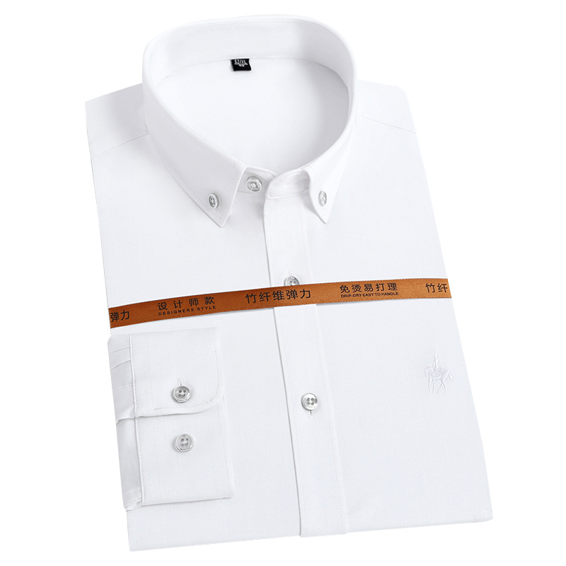 Paul Solid Color Shirt Wholesale Men&#039;s Long Sleeve Bamboo Fiber Stretch Shirt Non-Ironing Slim Fit Horse Logo Shirt Spot