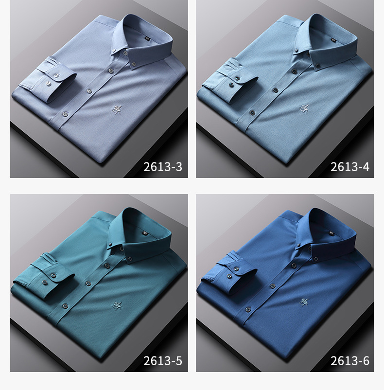 Paul Solid Color Shirt Wholesale Men's Long Sleeve Bamboo Fiber Stretch Shirt Non-Ironing Slim Fit Horse Logo Shirt Spot