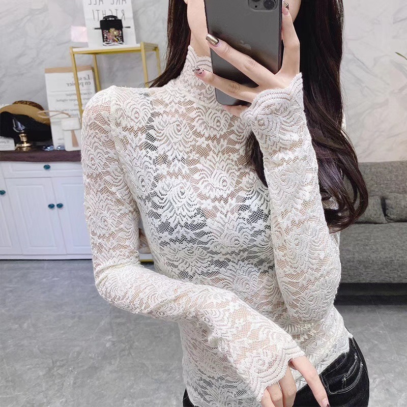 Victoria Lace Shirt Autumn and Winter New Half Turtleneck Lace Sexy Long Sleeve Fairy Shirt Stretch Slim Bottoming Shirt