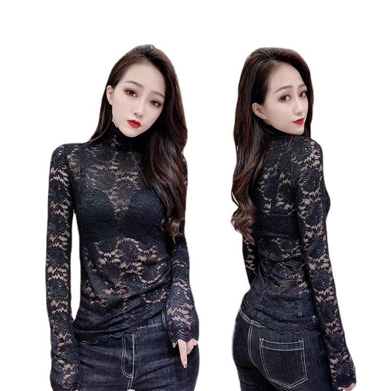 Victoria Lace Shirt Autumn and Winter New Half Turtleneck Lace Sexy Long Sleeve Fairy Shirt Stretch Slim Bottoming Shirt
