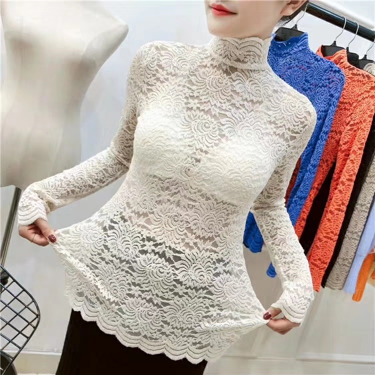 Victoria Lace Shirt Autumn and Winter New Half Turtleneck Lace Sexy Long Sleeve Fairy Shirt Stretch Slim Bottoming Shirt