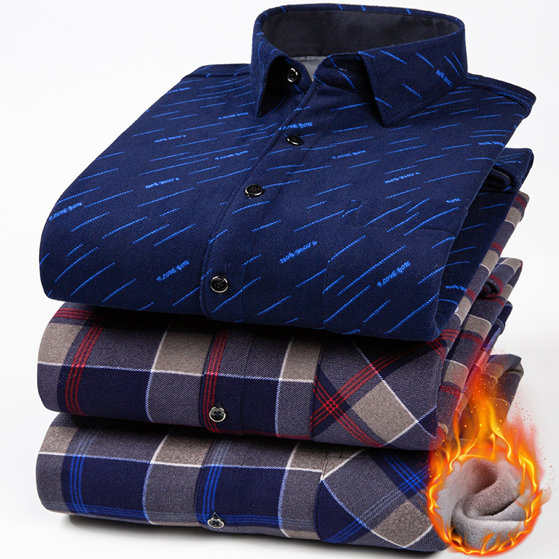 Autumn and Winter Fleece-Lined Lapel Plaid Shirt Thickened Long-Sleeved Pattern Velvet Padded Shirt Men&#039;s Casual Simple Cardigan Shirt