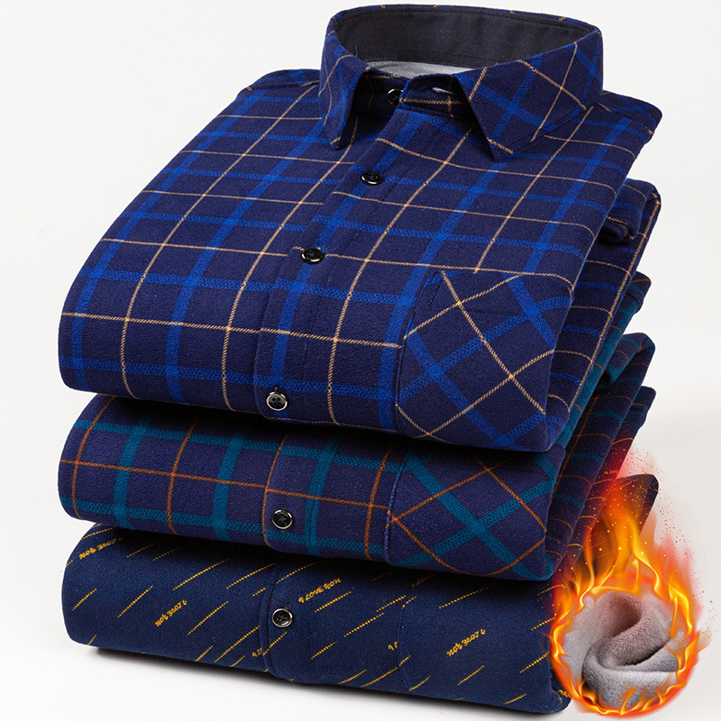Autumn and Winter Fleece-Lined Lapel Plaid Shirt Thickened Long-Sleeved Pattern Velvet Padded Shirt Men&#039;s Casual Simple Cardigan Shirt