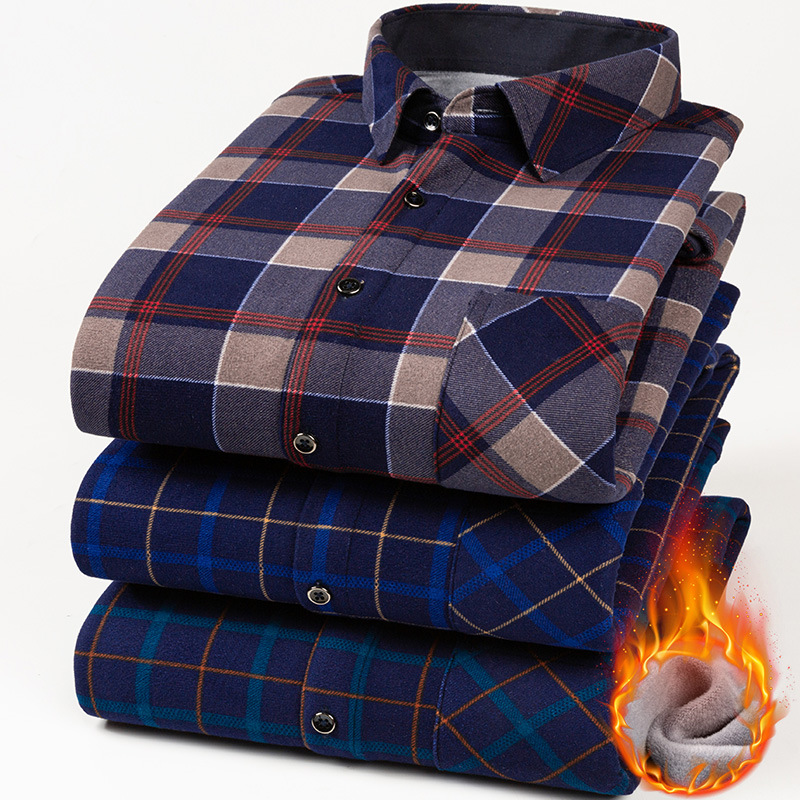 Autumn and Winter Fleece-Lined Lapel Plaid Shirt Thickened Long-Sleeved Pattern Velvet Padded Shirt Men&#039;s Casual Simple Cardigan Shirt